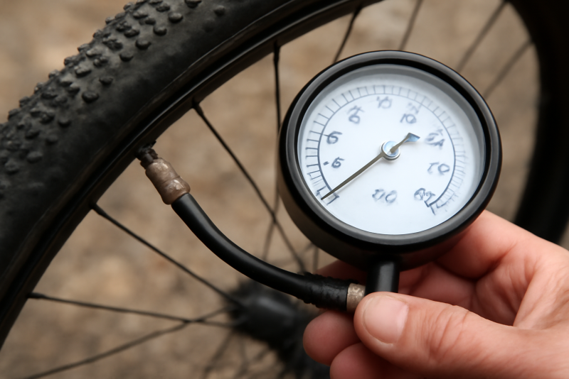 manomètre vérifiant la pression d'un pneu gravel
