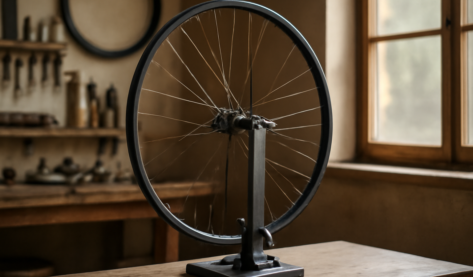 atelier avec roue montée sur outil de voile