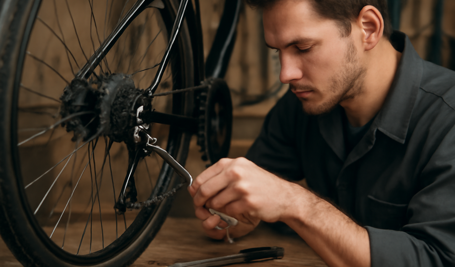 mécanicien ajustant un dérailleur sur établi
