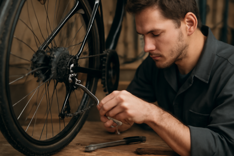 mécanicien ajustant un dérailleur sur établi