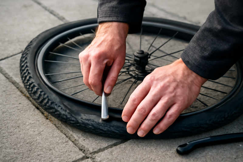 mains réparant une crevaison sur trottoir