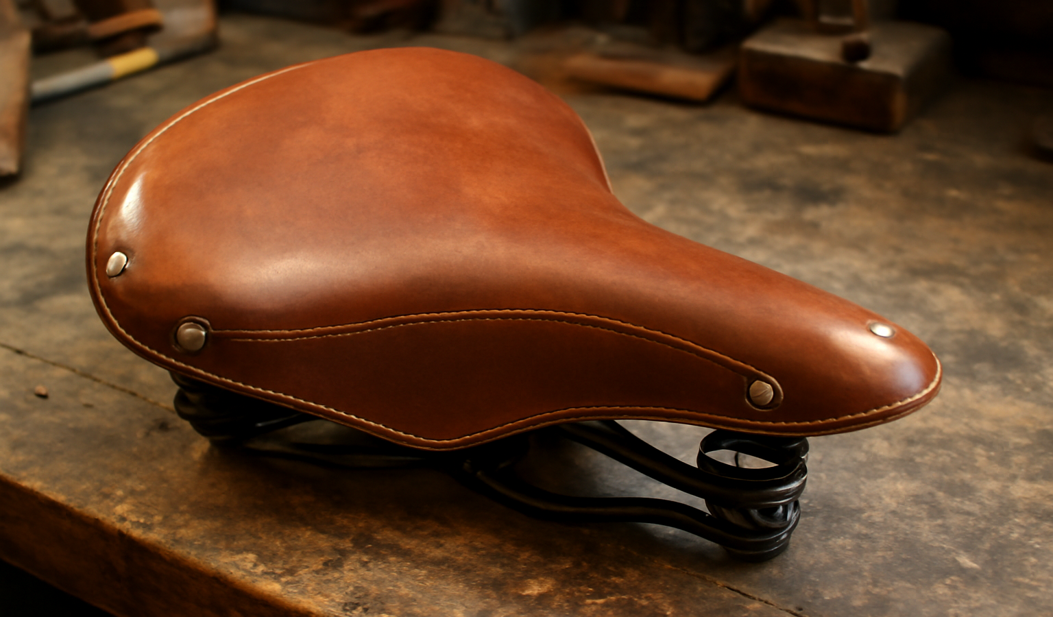 selle cuir posée sur établi d'atelier