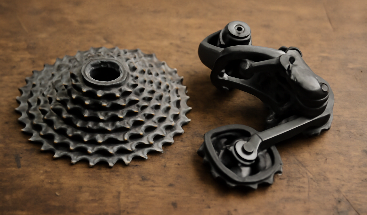 cassette et derailleur poses sur etabli