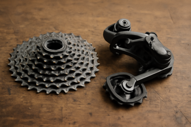 cassette et derailleur poses sur etabli