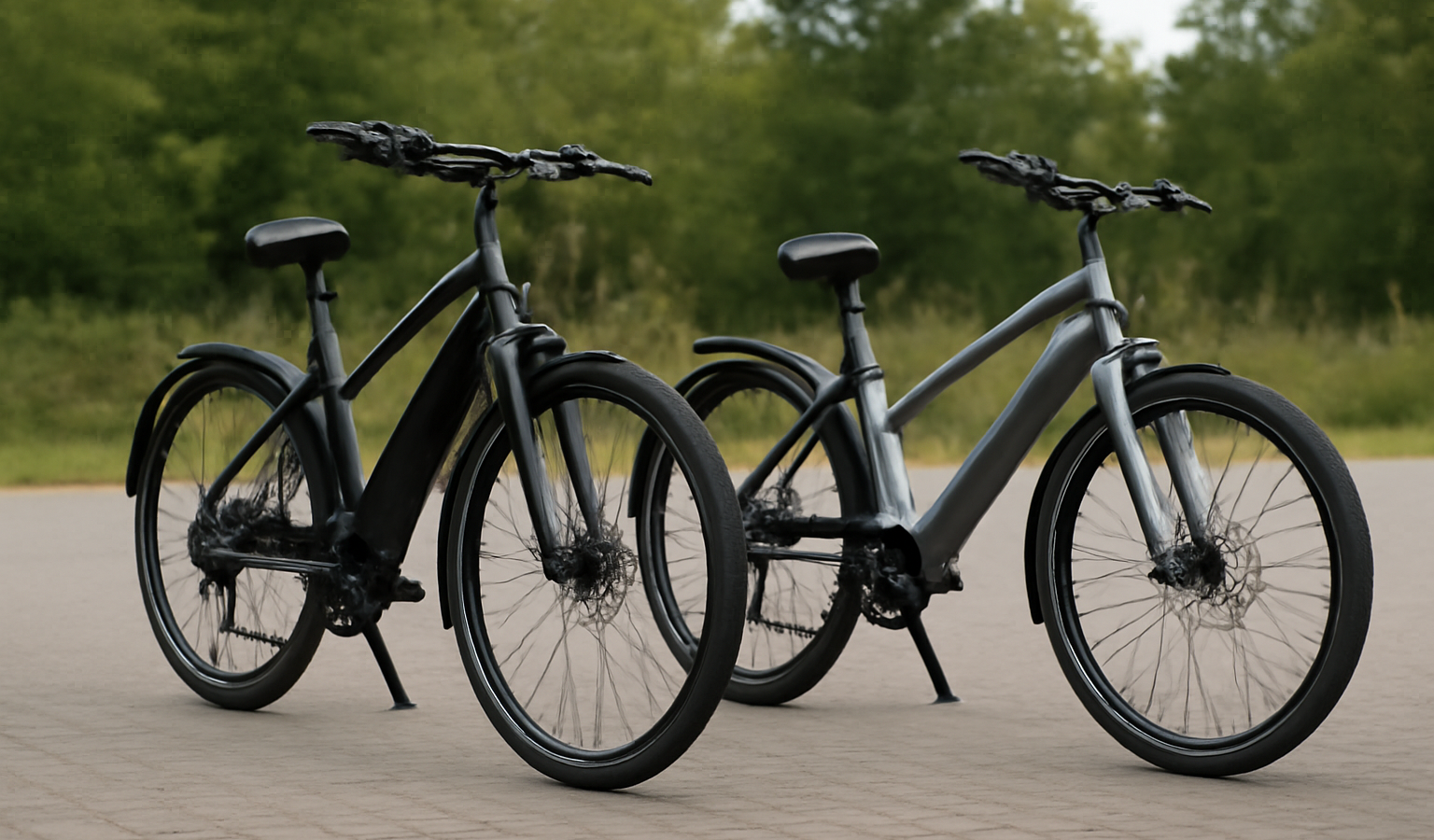 deux velos electriques cote a cote en exterieur