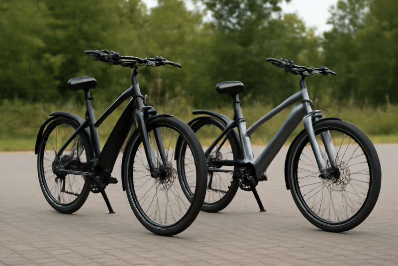 deux velos electriques cote a cote en exterieur
