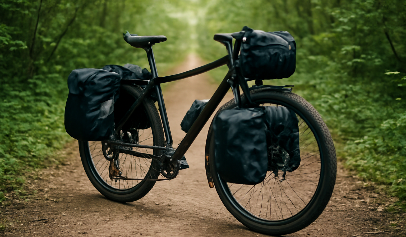 vélo chargé avec sacoches sur sentier
