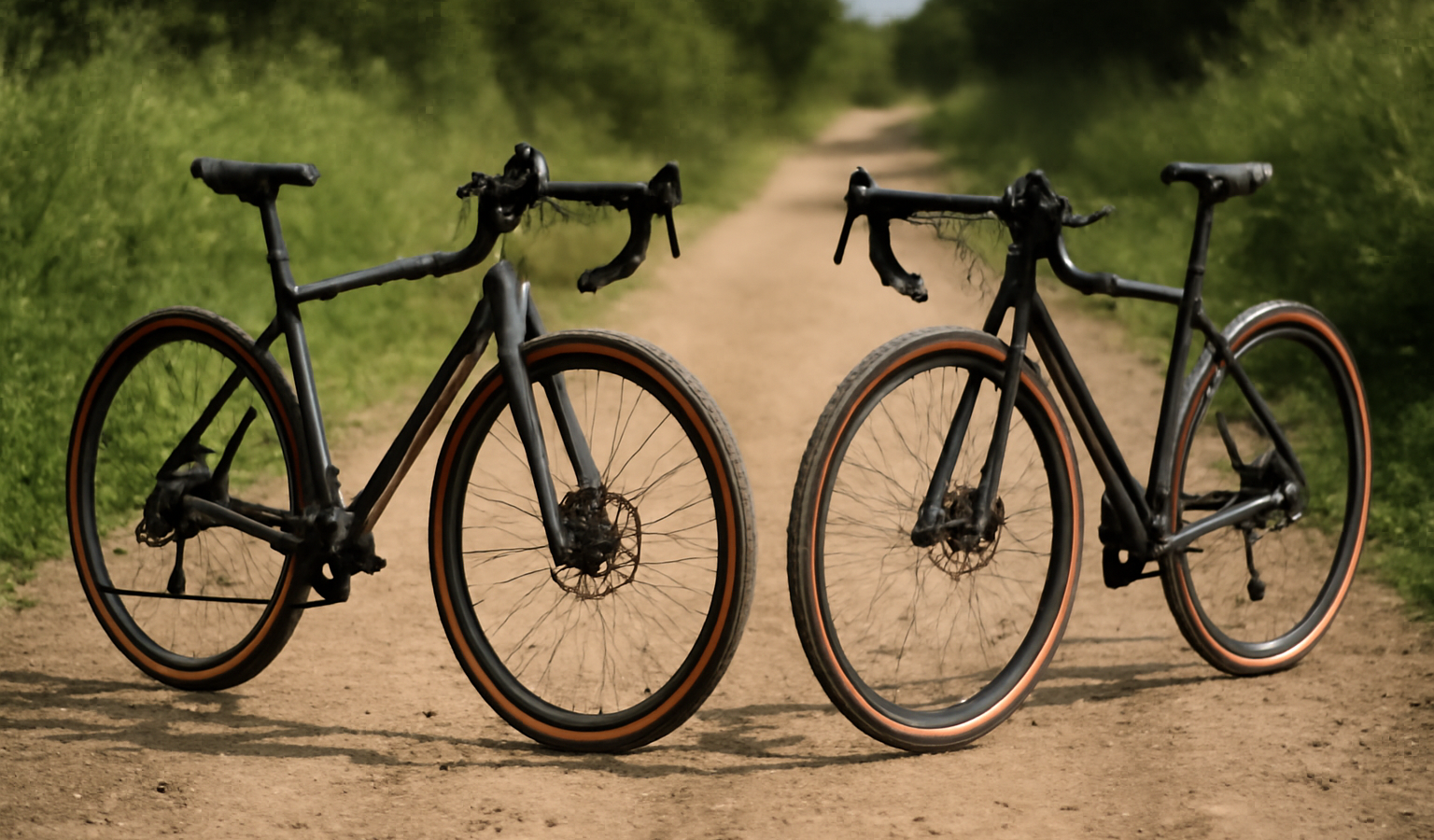 deux vélos gravel posés sur chemin
