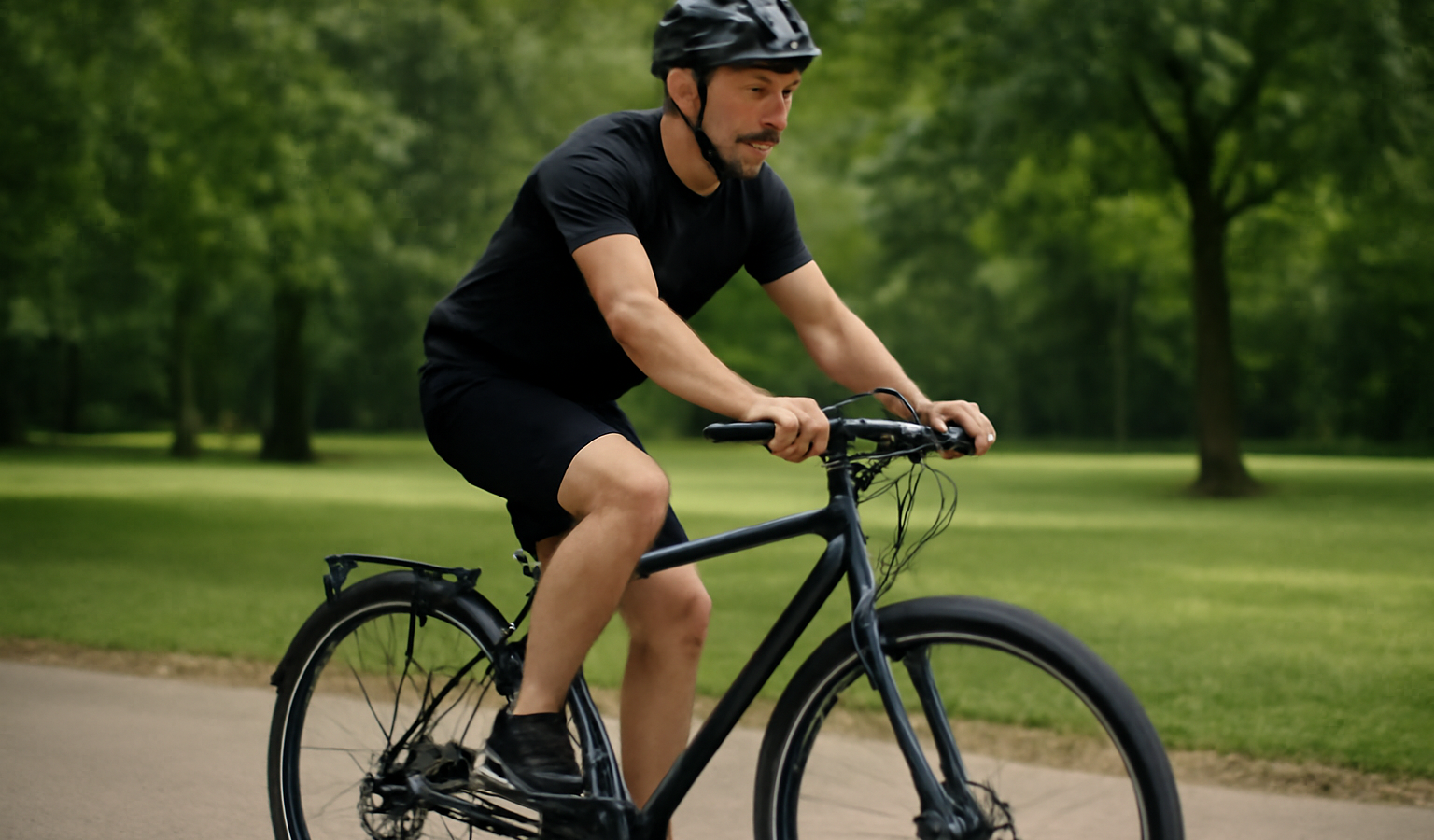 cycliste testant un VTC en parc