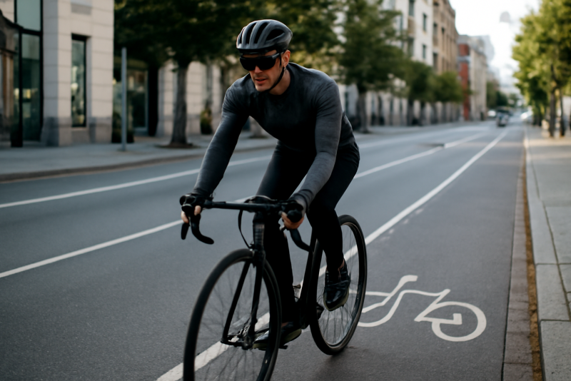 cycliste roulant en ville sur piste cyclable