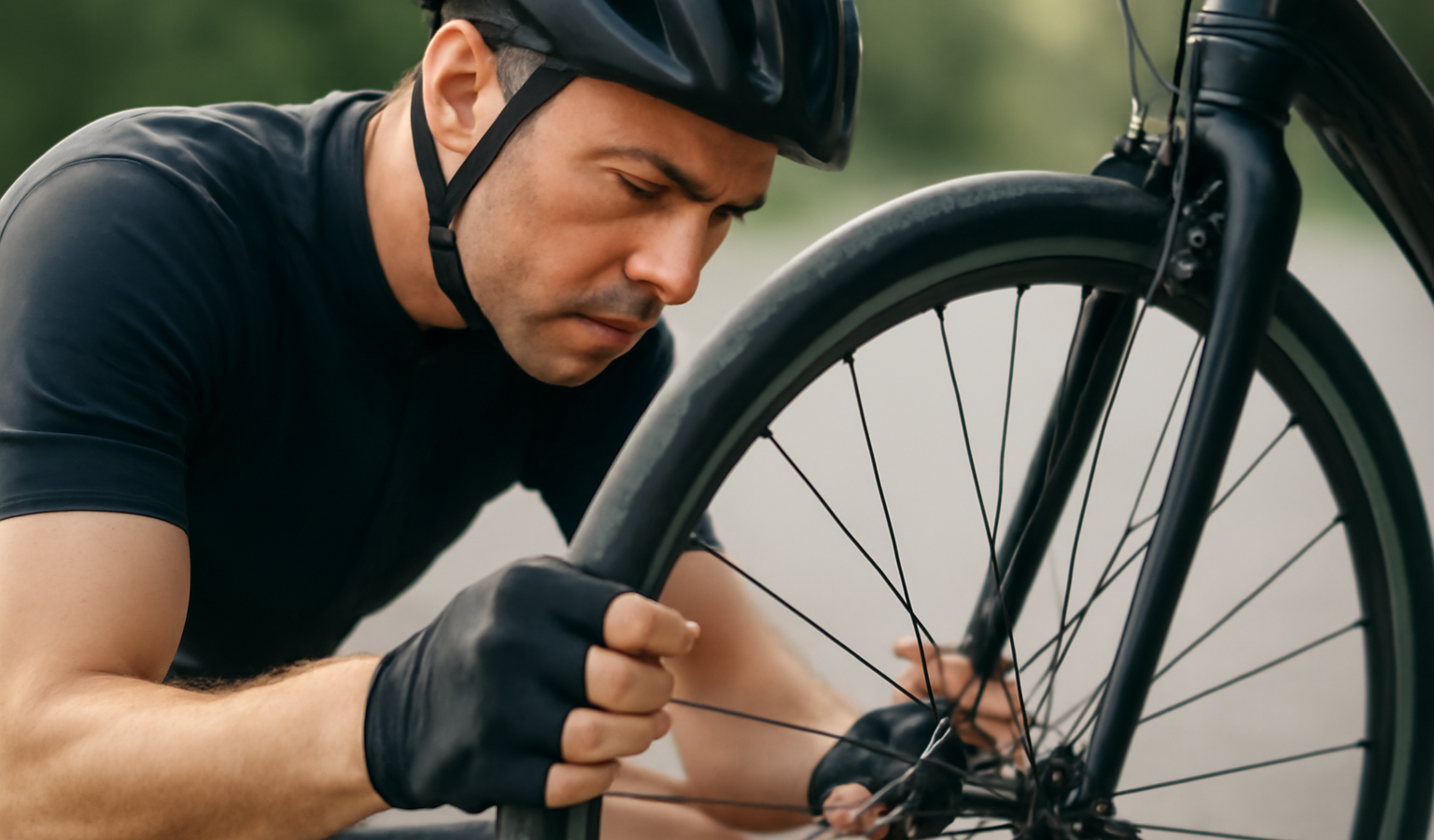 cycliste inspectant pneus et freins