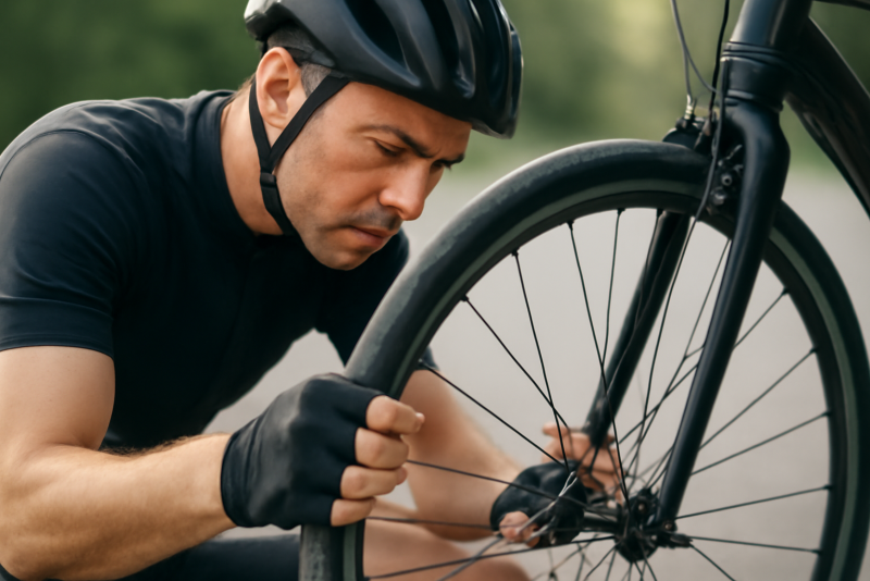cycliste inspectant pneus et freins