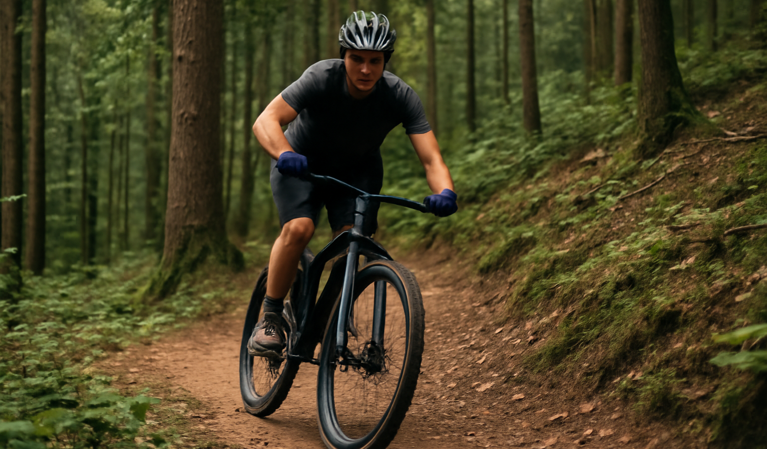 cycliste descendant un sentier en forêt