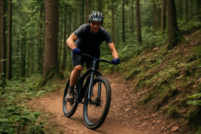 cycliste descendant un sentier en forêt