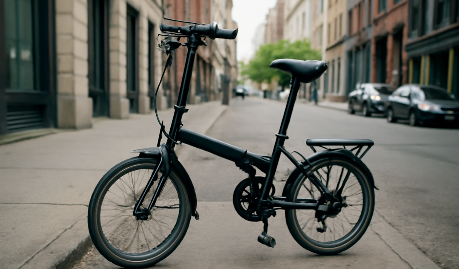velo pliant pose sur trottoir en ville
