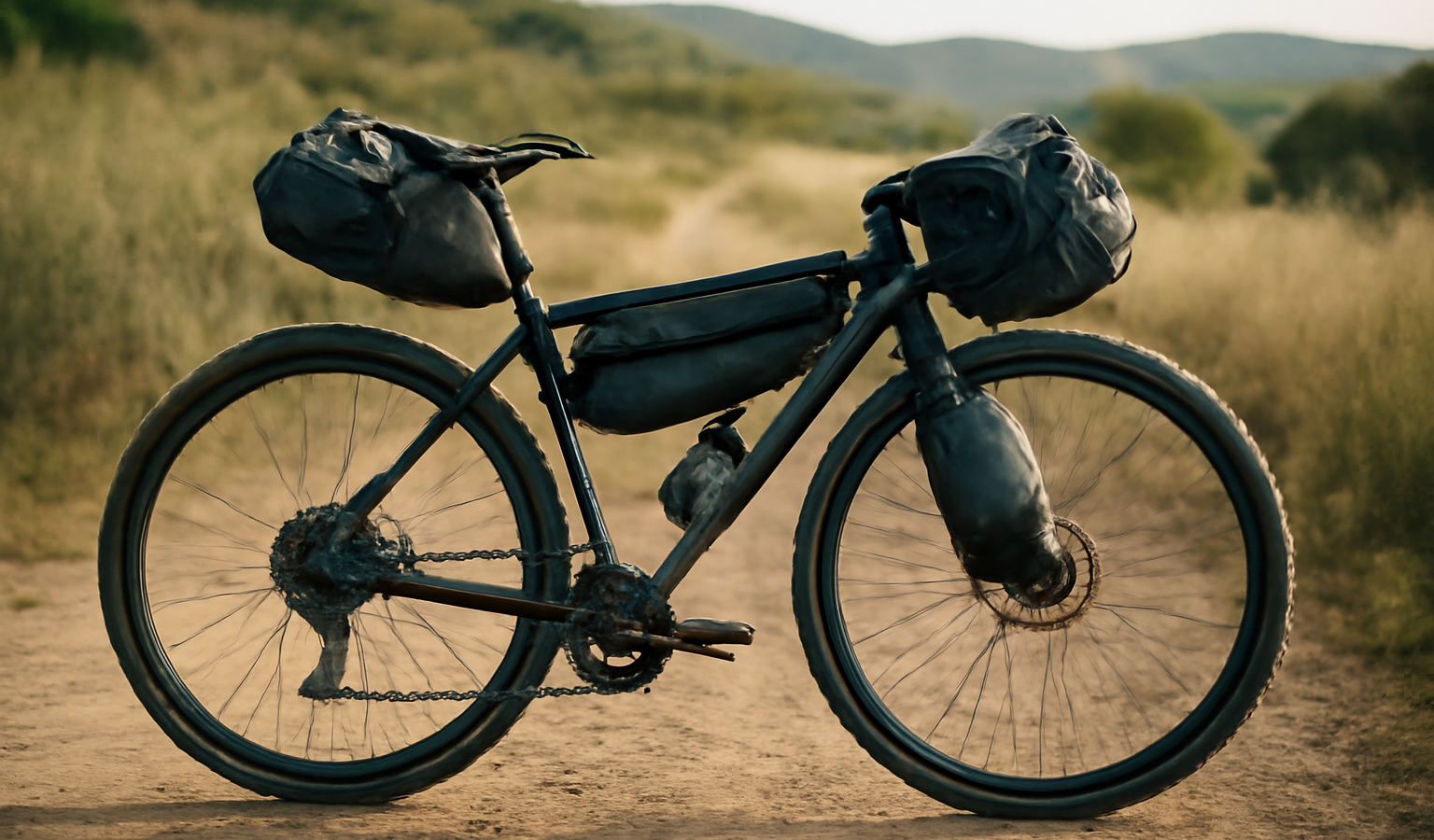 vélo chargé pour bikepacking sur chemin