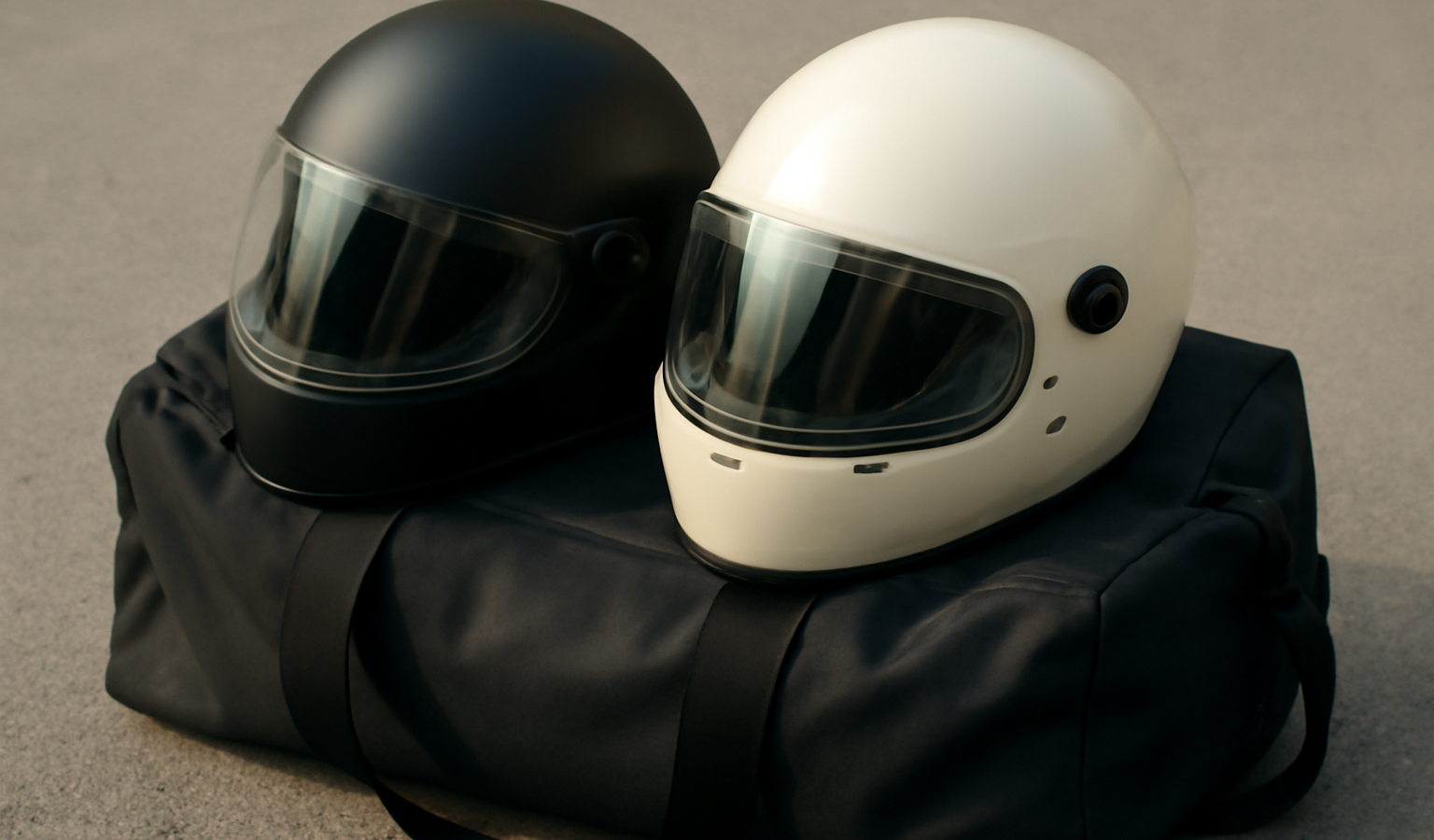 deux casques posés sur sac de voyage
