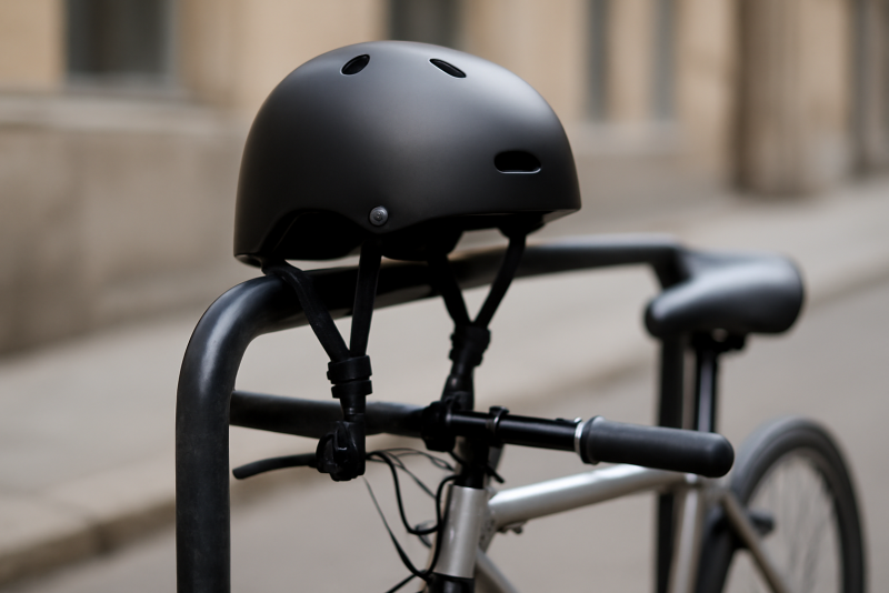 casque posé sur porte-vélo urbain