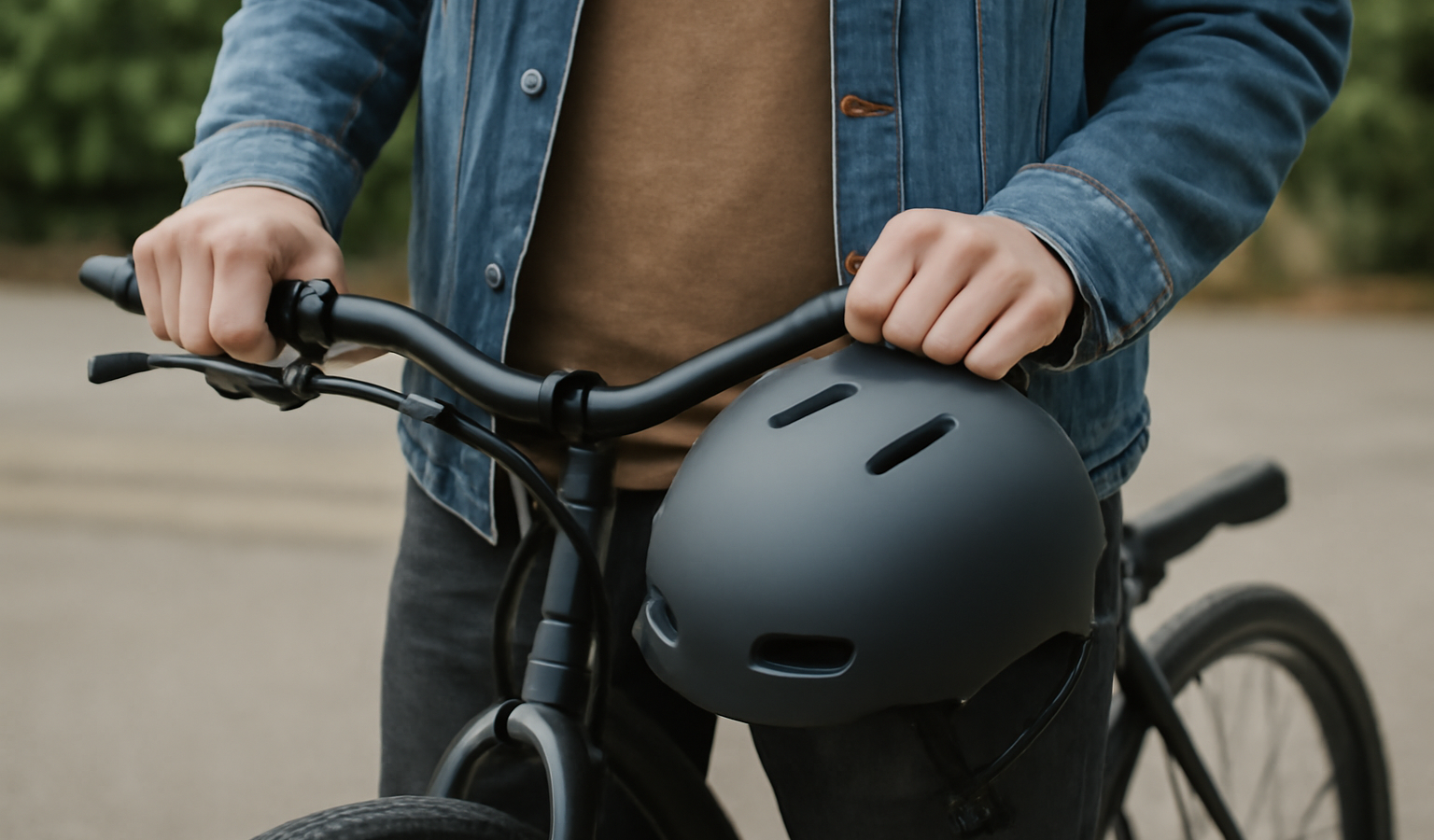 personne tenant casque pres d un velo