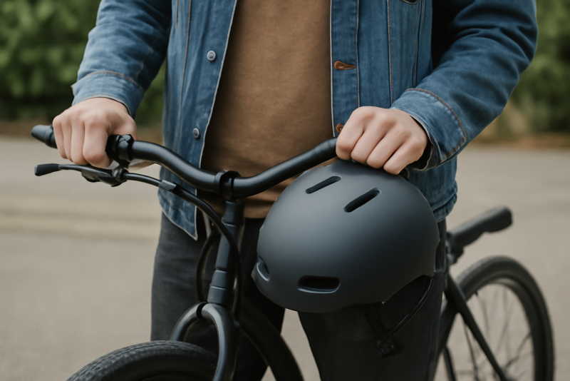 personne tenant casque pres d un velo
