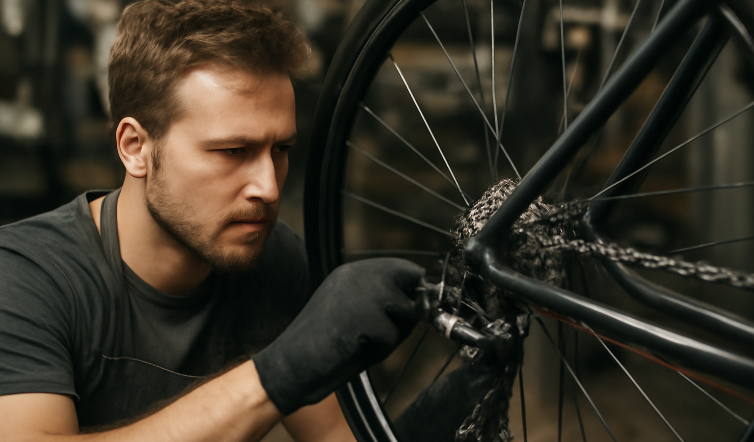 mécanicien ajustant une chaîne de vélo
