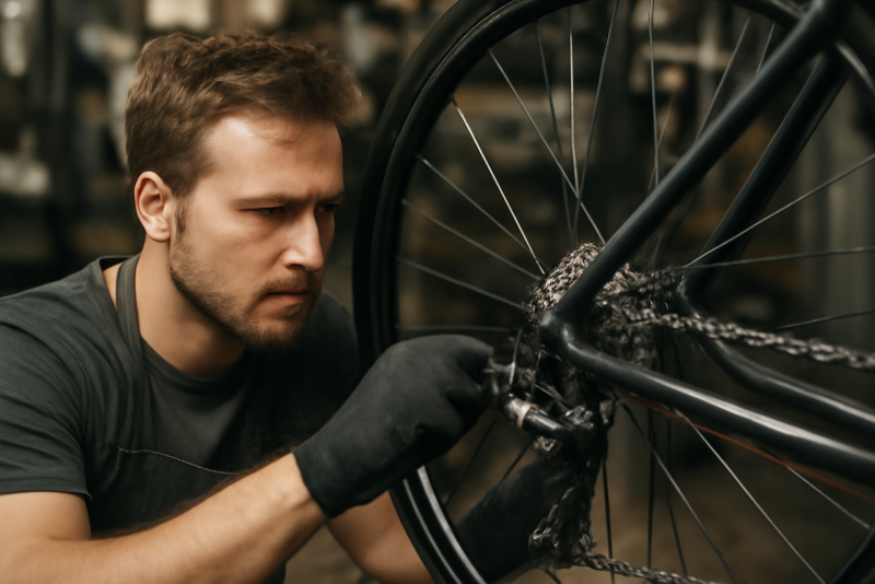 mécanicien ajustant une chaîne de vélo