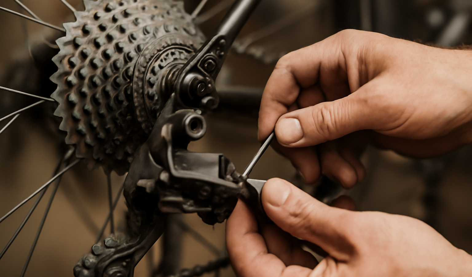 mains ajustant un dérailleur arrière