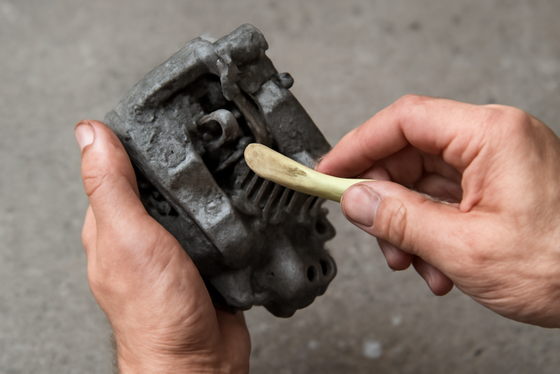 mains nettoyant un etrier de frein