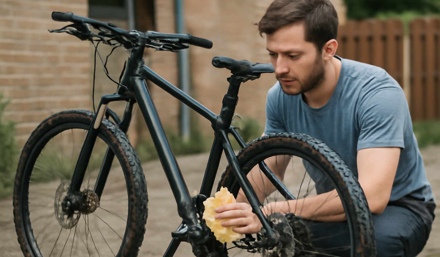 personne nettoyant un vélo dans la cour