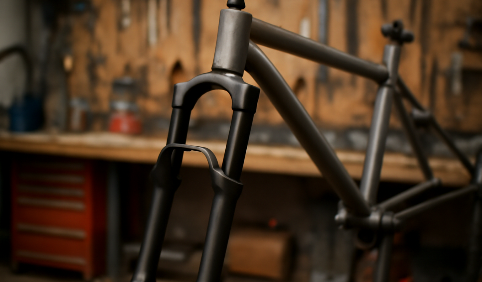 fourche de vtt fixee sur cadre en atelier