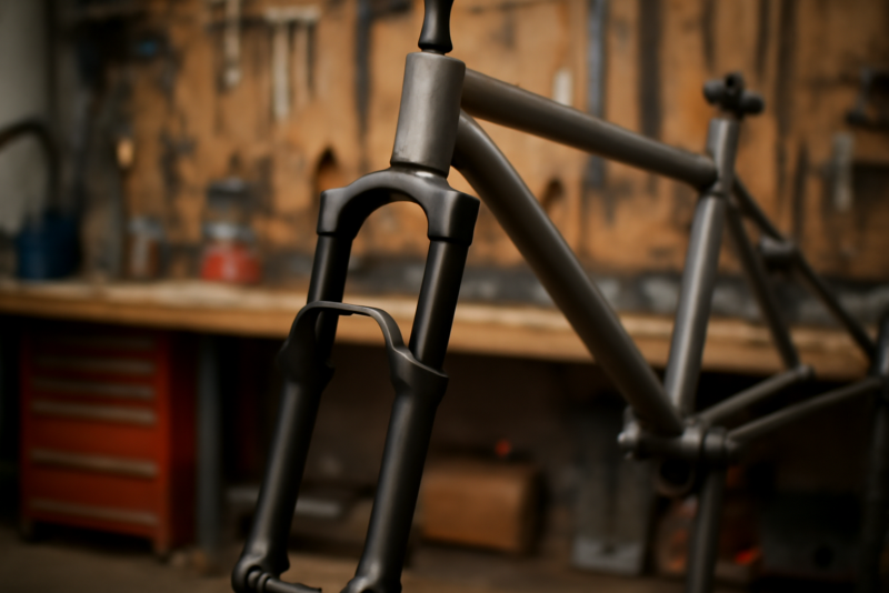 fourche de vtt fixee sur cadre en atelier