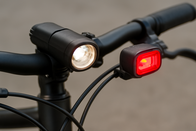 lampes avant et arriere fixees sur guidon