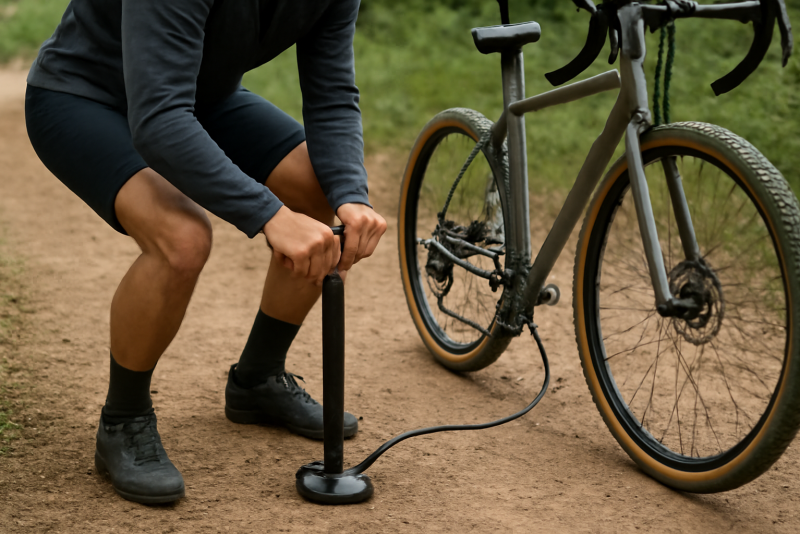 personne gonflant un pneu gravel sur sentier