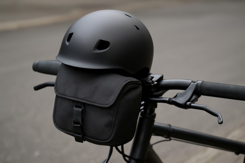 casque posé sur sacoche de guidon