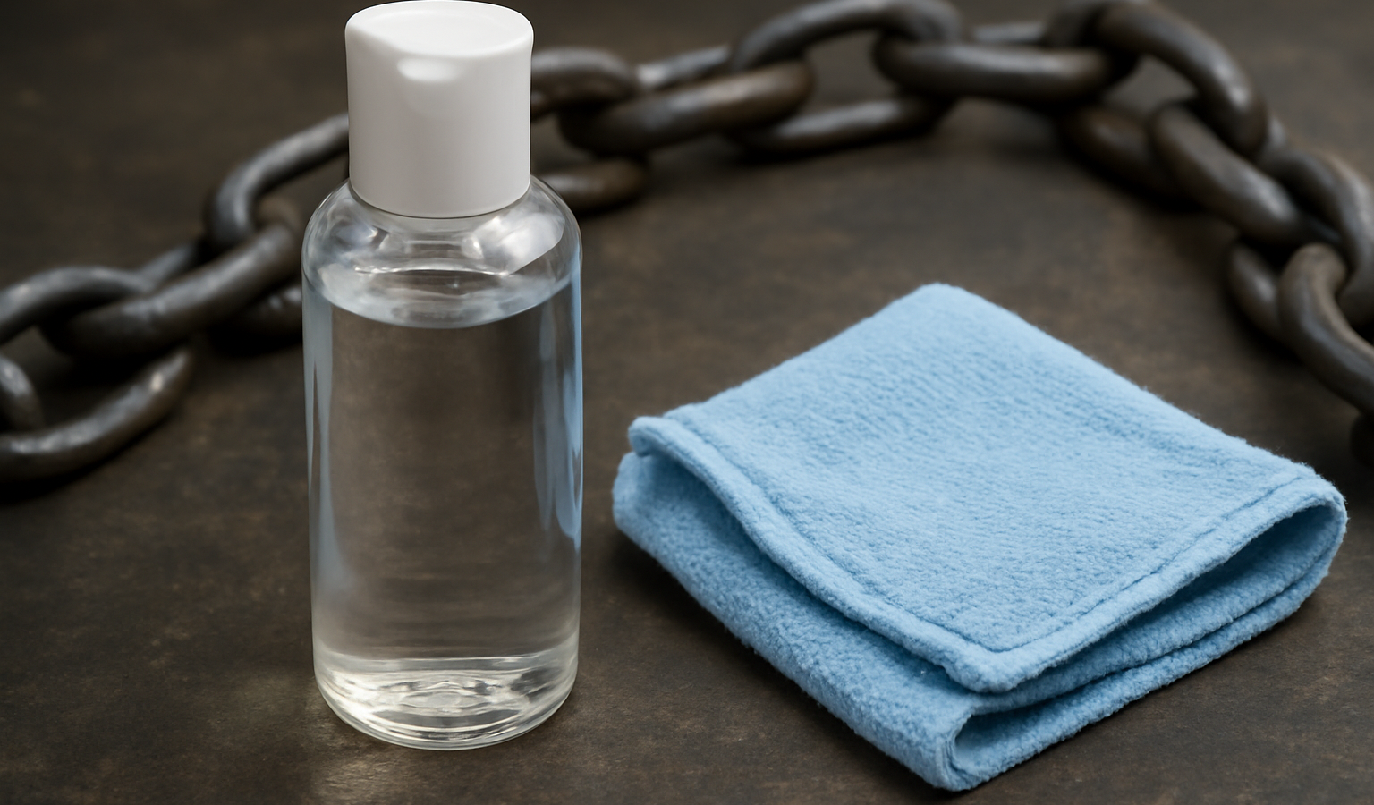 bouteille de lubrifiant et chiffon près d'une chaîne