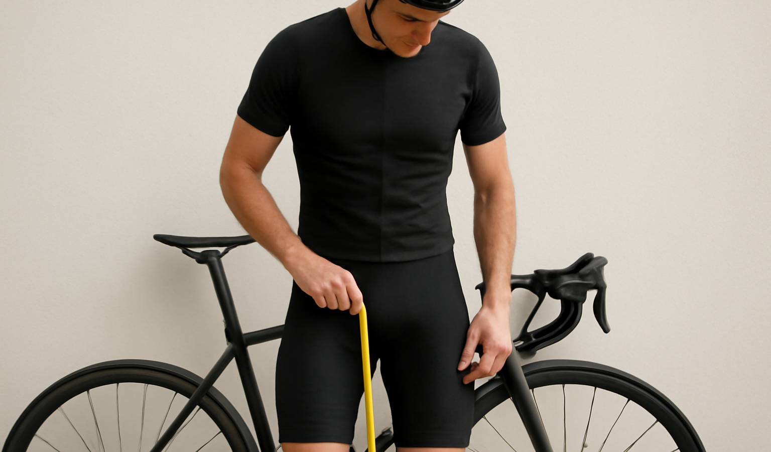 cycliste mesurant entrejambe devant cadre