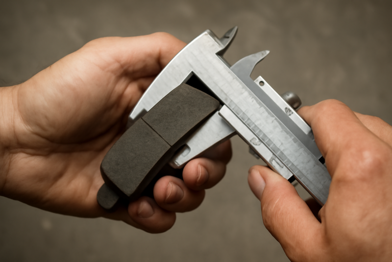 mains mesurant épaisseur d'une plaquette de frein