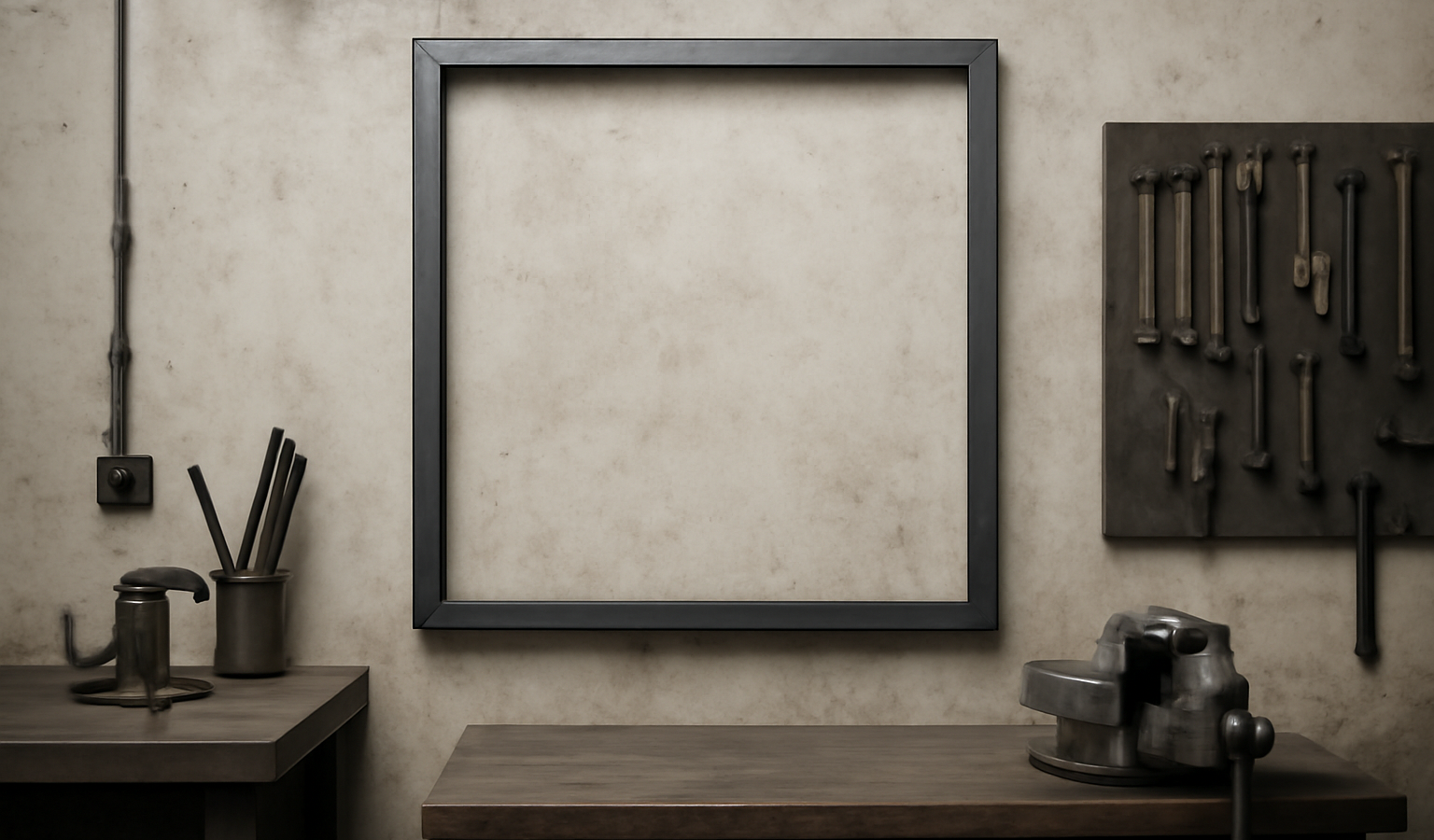 atelier avec cadre acier accroché au mur