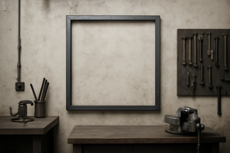 atelier avec cadre acier accroché au mur