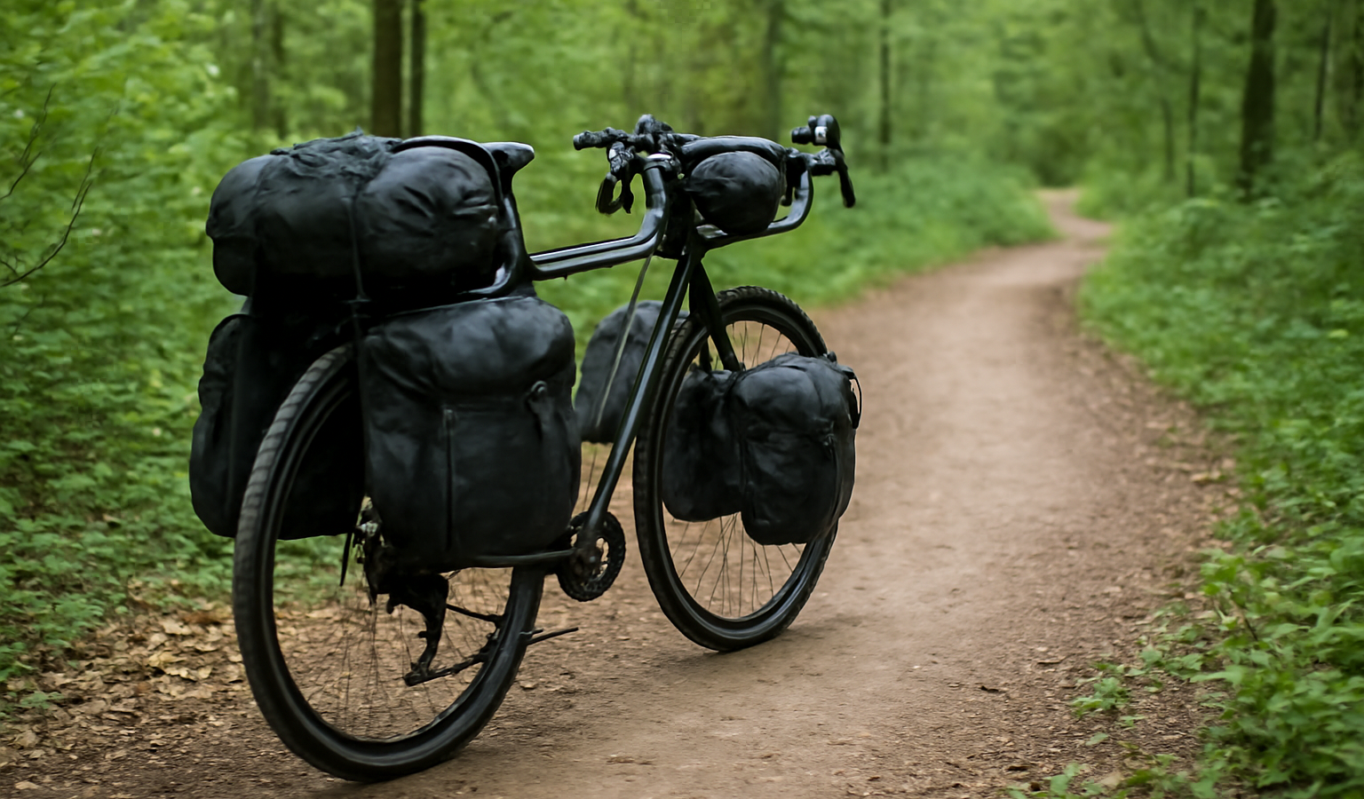 vélo chargé avec sacoches sur sentier