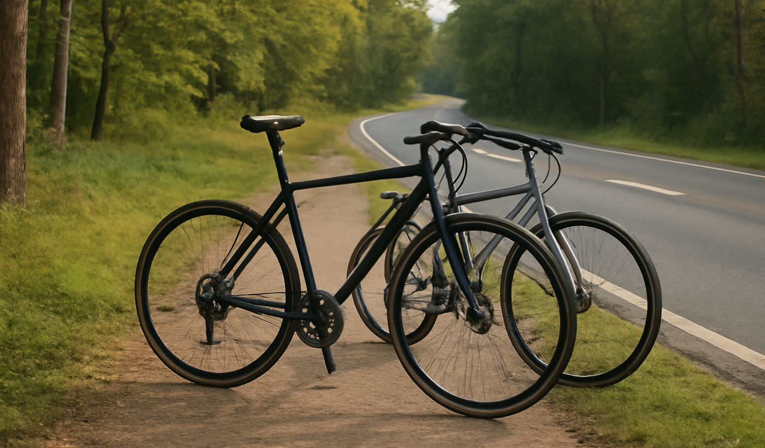 deux vélos posés sur sentier et route