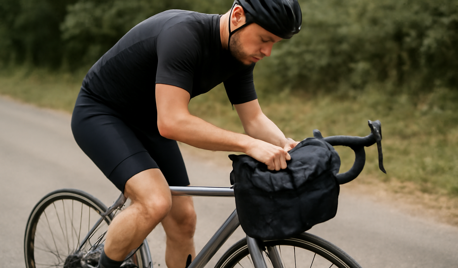 cycliste chargeant sacoches sur un vélo de route