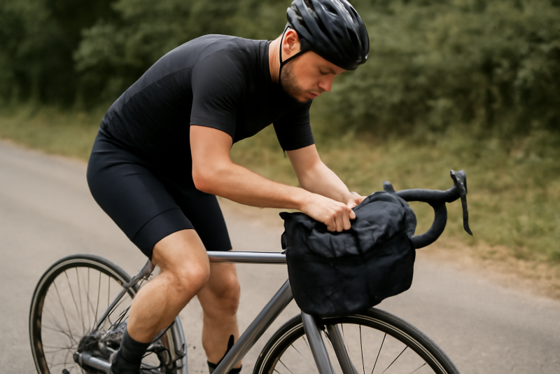 cycliste chargeant sacoches sur un vélo de route