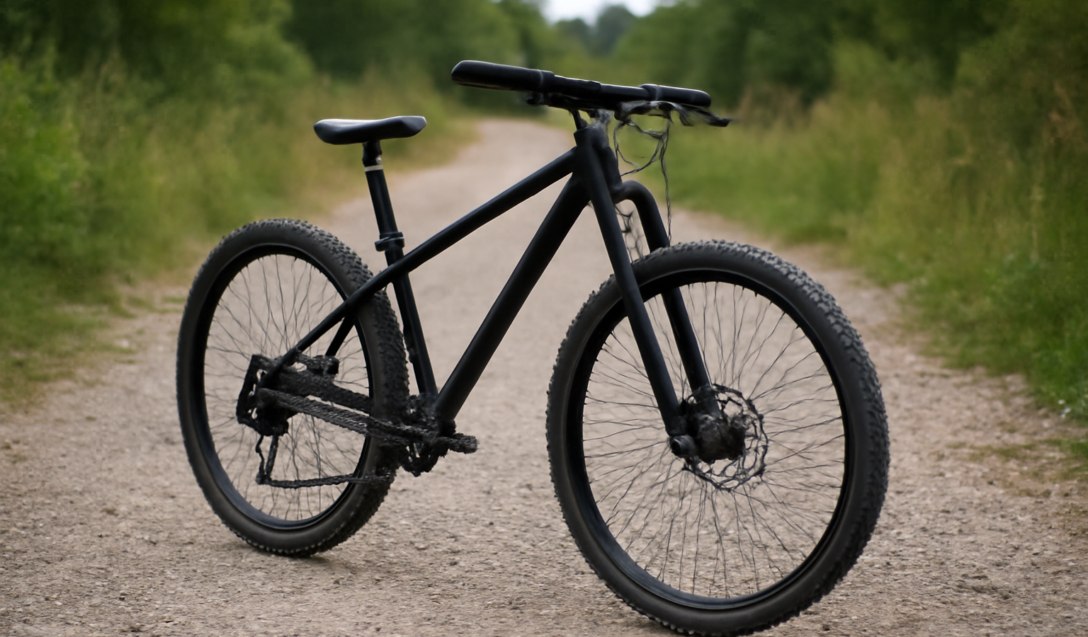 vélo tout-terrain posé sur sentier graveleux