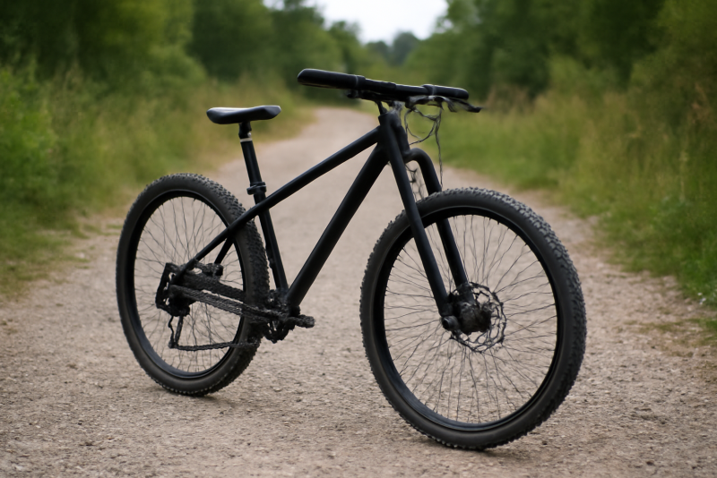 vélo tout-terrain posé sur sentier graveleux
