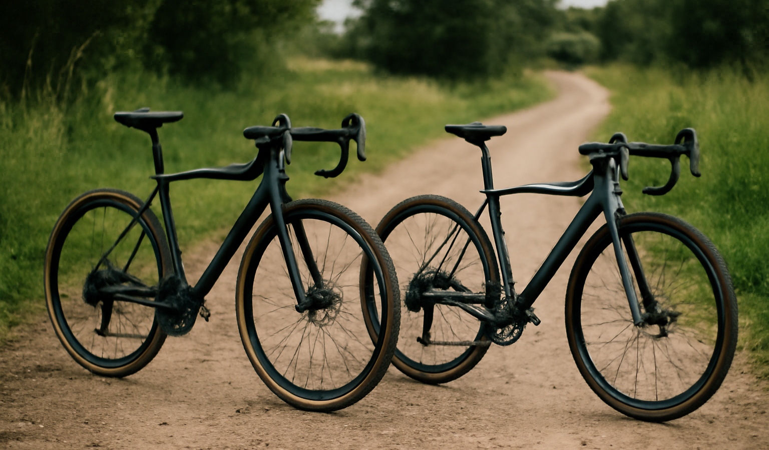 deux vélos gravel posés sur chemin