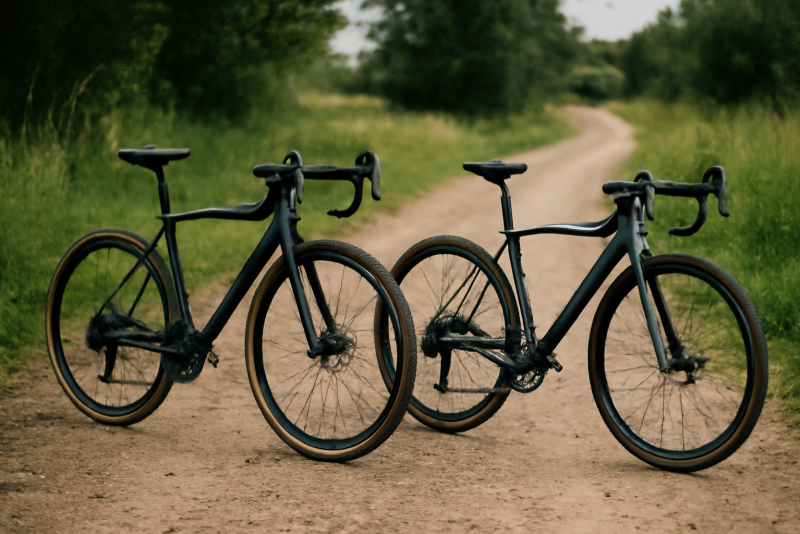 deux vélos gravel posés sur chemin