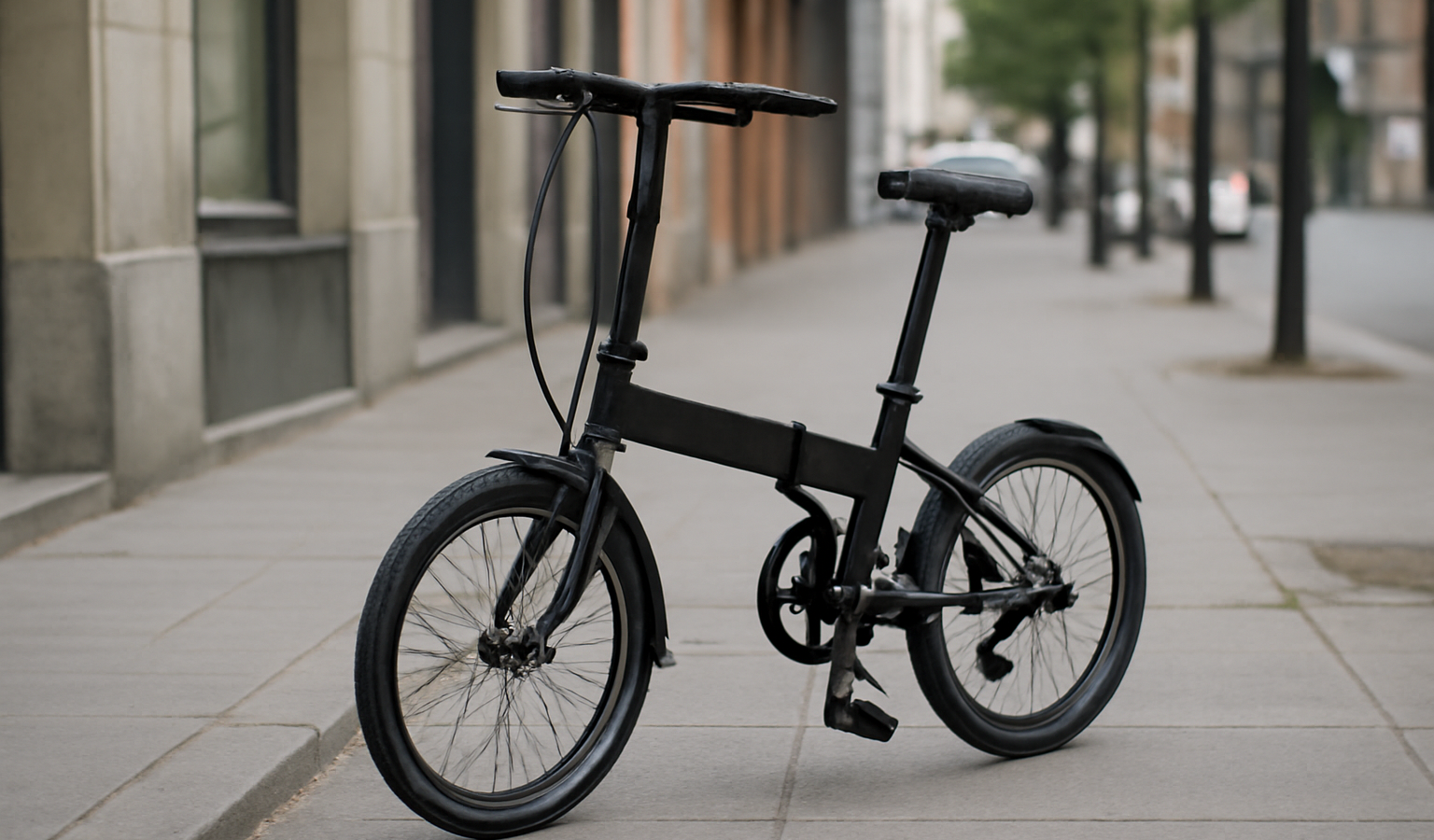 velo pliant depose sur trottoir urbain
