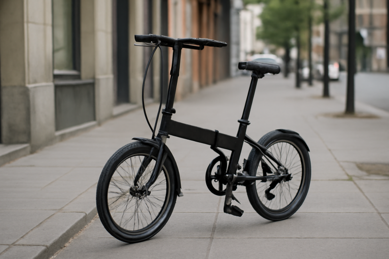 velo pliant depose sur trottoir urbain