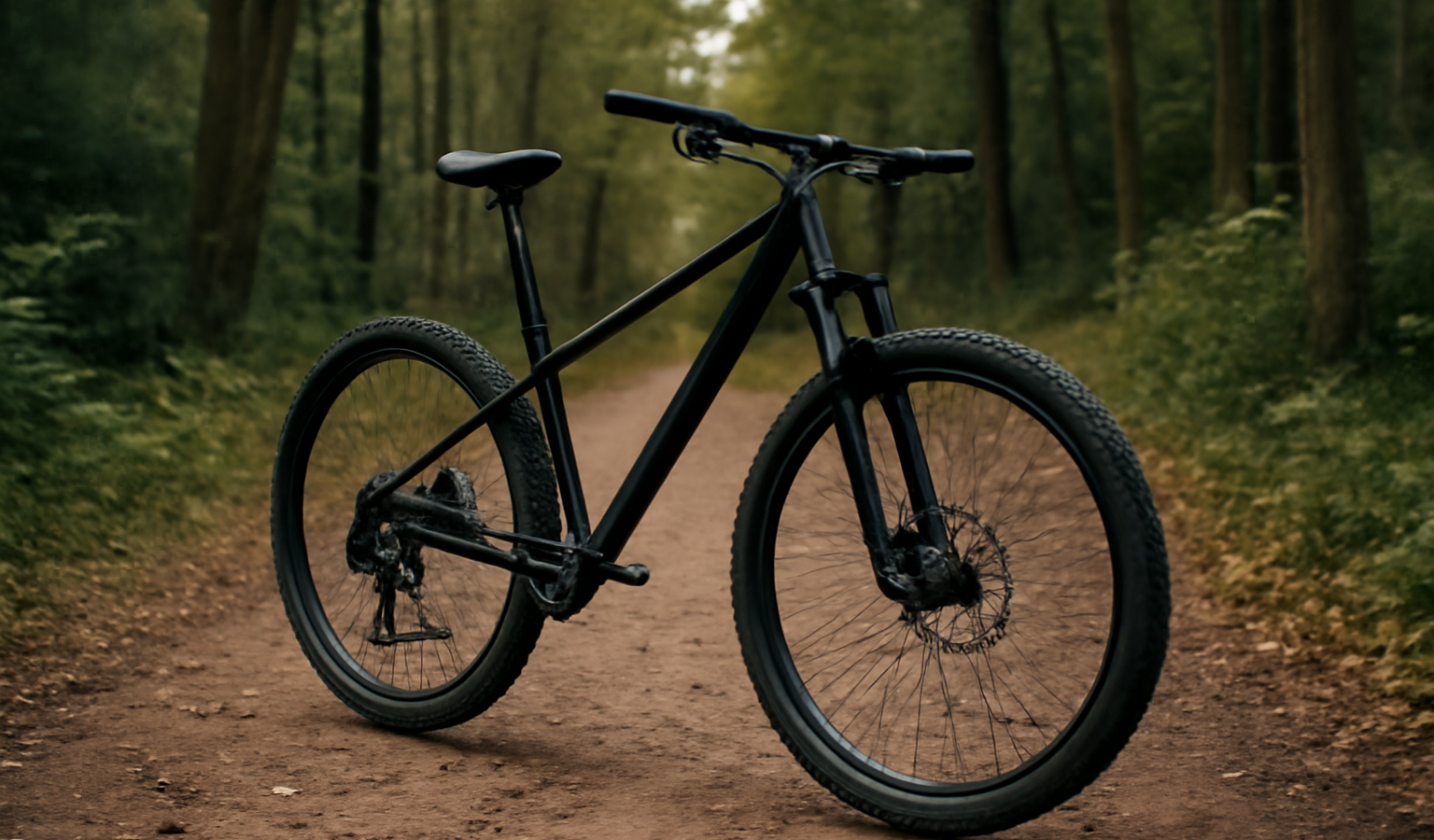 vélo tout-terrain posé sur chemin forestier